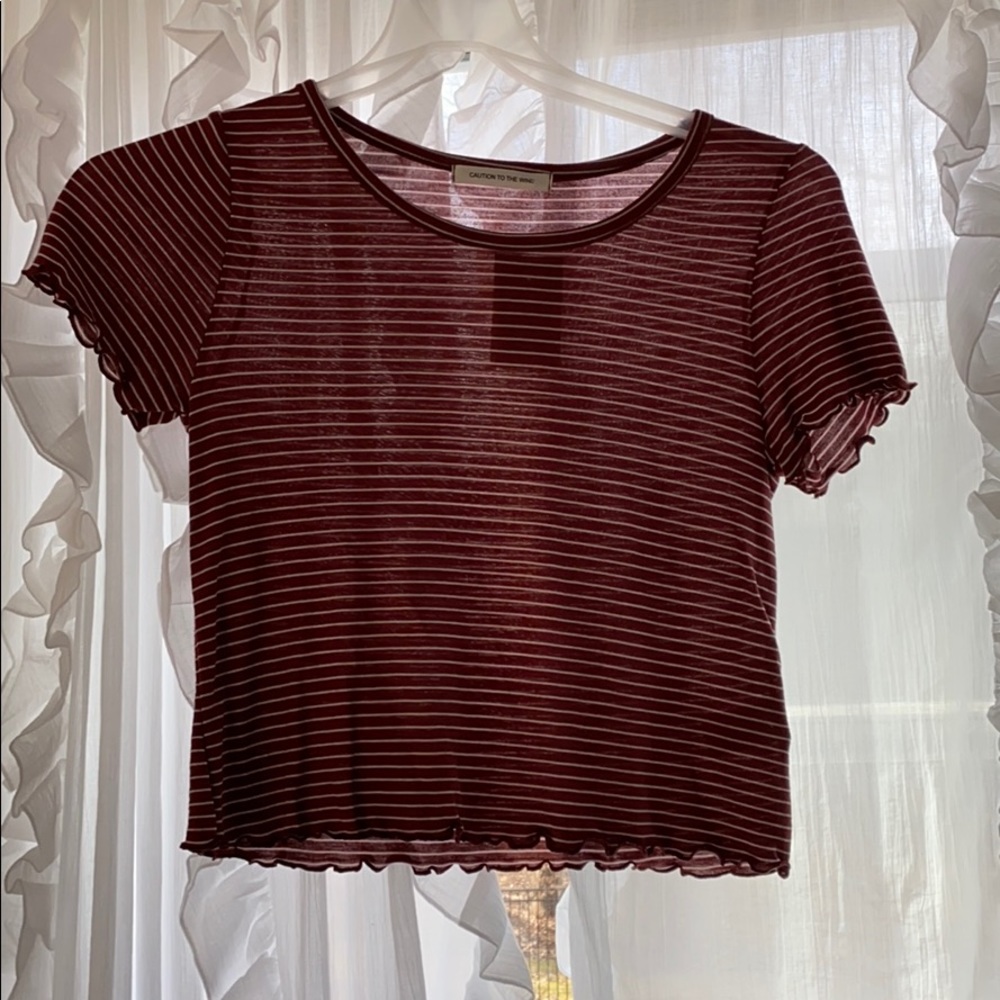 Short sleeve burgundy and white striped shirt